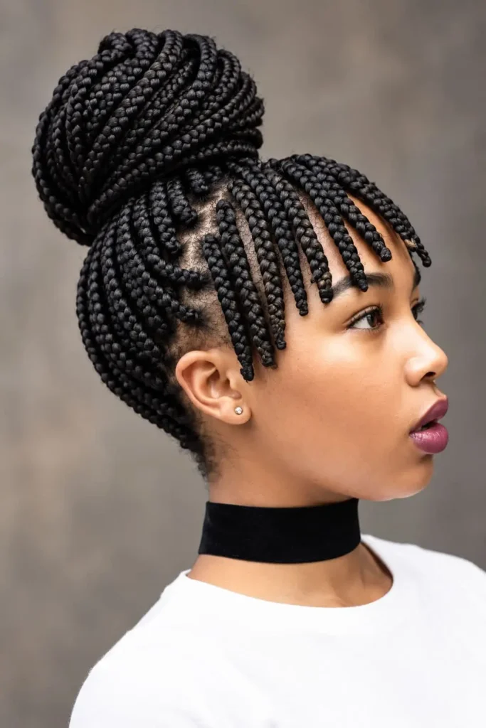 Braided bun with soft bangs framing the face on Black hair