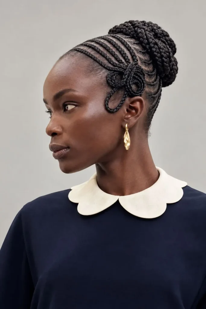 Braided bun with a side bow and soft face-framing strands