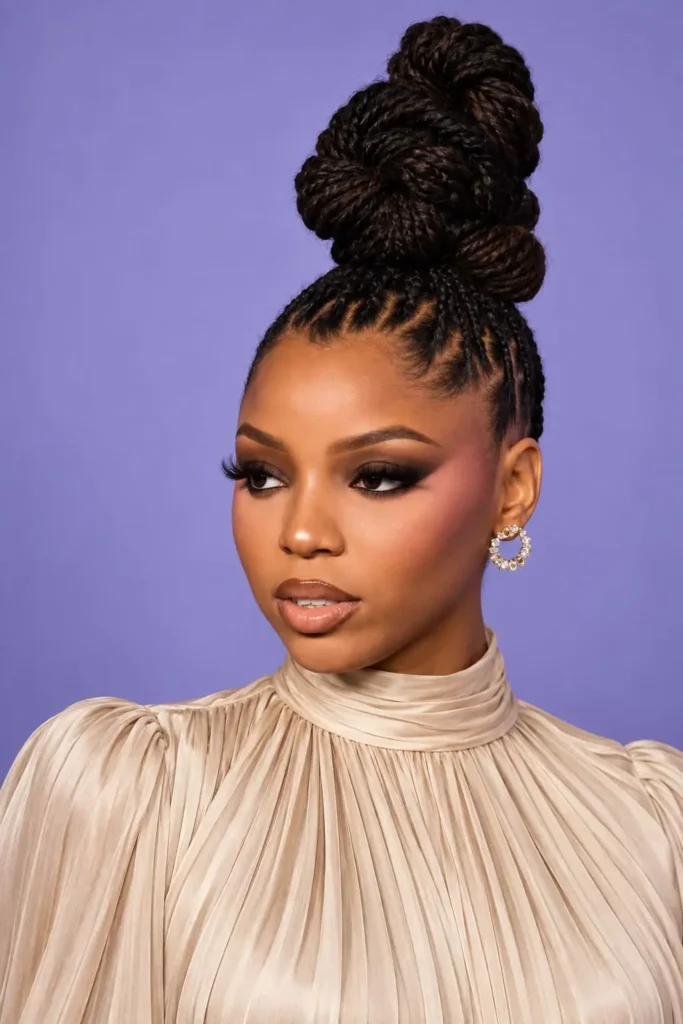 Braided side bun swept toward one shoulder for an elegant updo