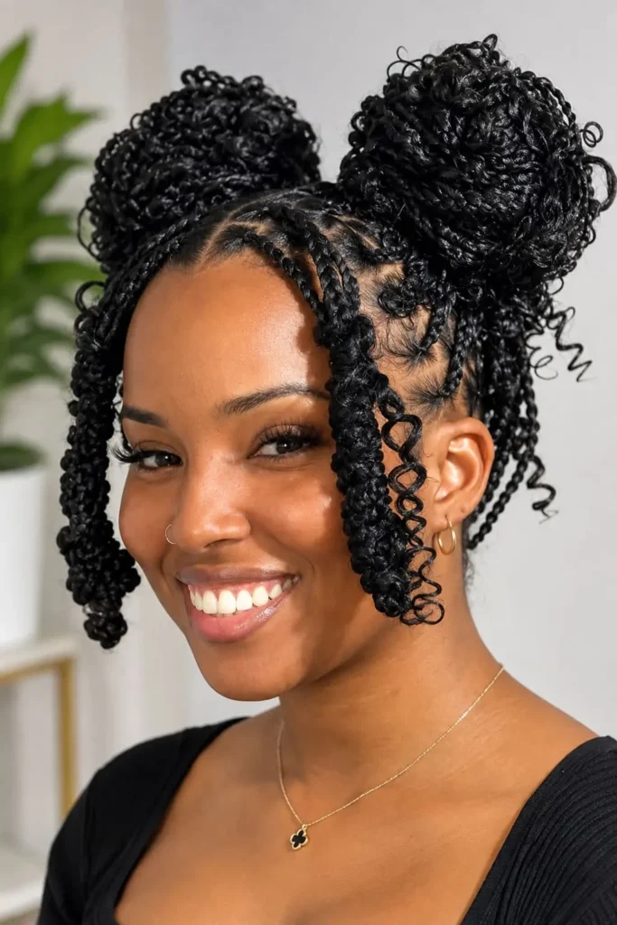 Braided space buns styled high with intricate braids and decorative details