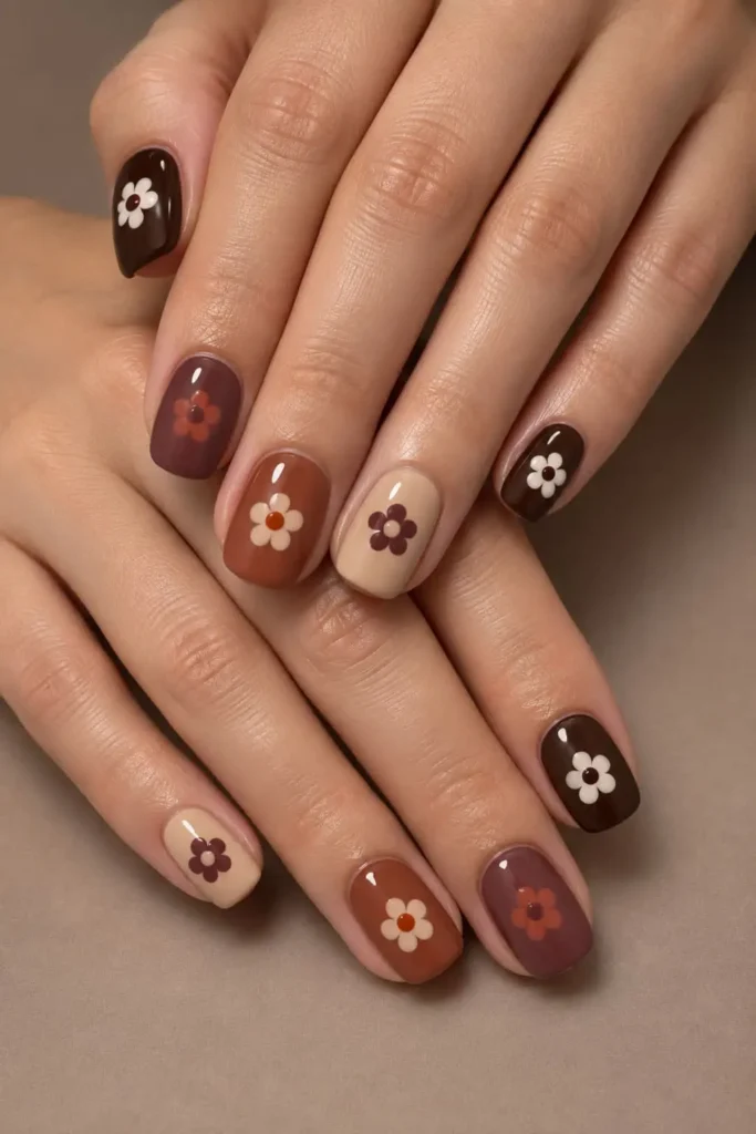 Short square nails with delicate brown floral designs on a warm brown base