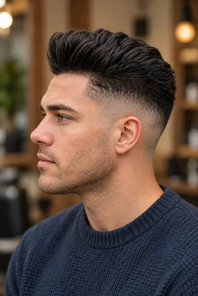 Brush up haircut with high fade for men with round faces and vertical volume