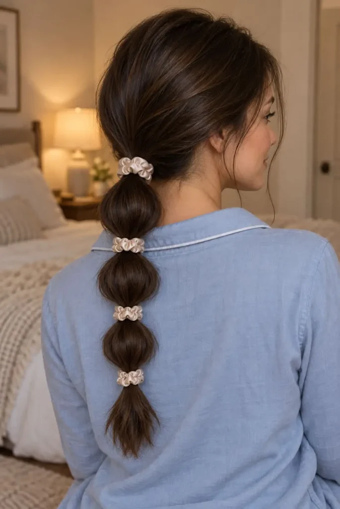 Loose bubble ponytail creating soft bends without overnight heat styling