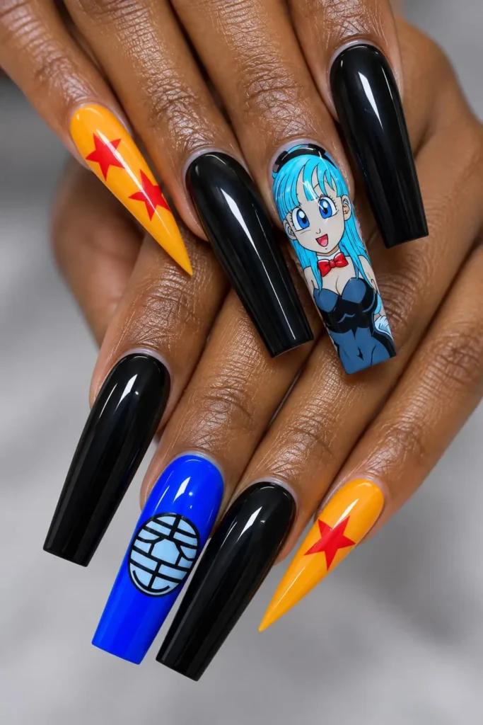 Bulma-inspired blue nails with cobalt polish, black accents, red bow and anime details