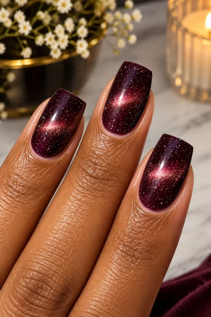 Short square cat-eye nails with a cosmic metallic effect over deep burgundy polish