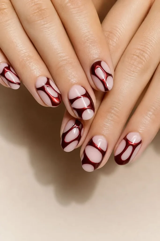 Burgundy nails with abstract chrome details and metallic red accents