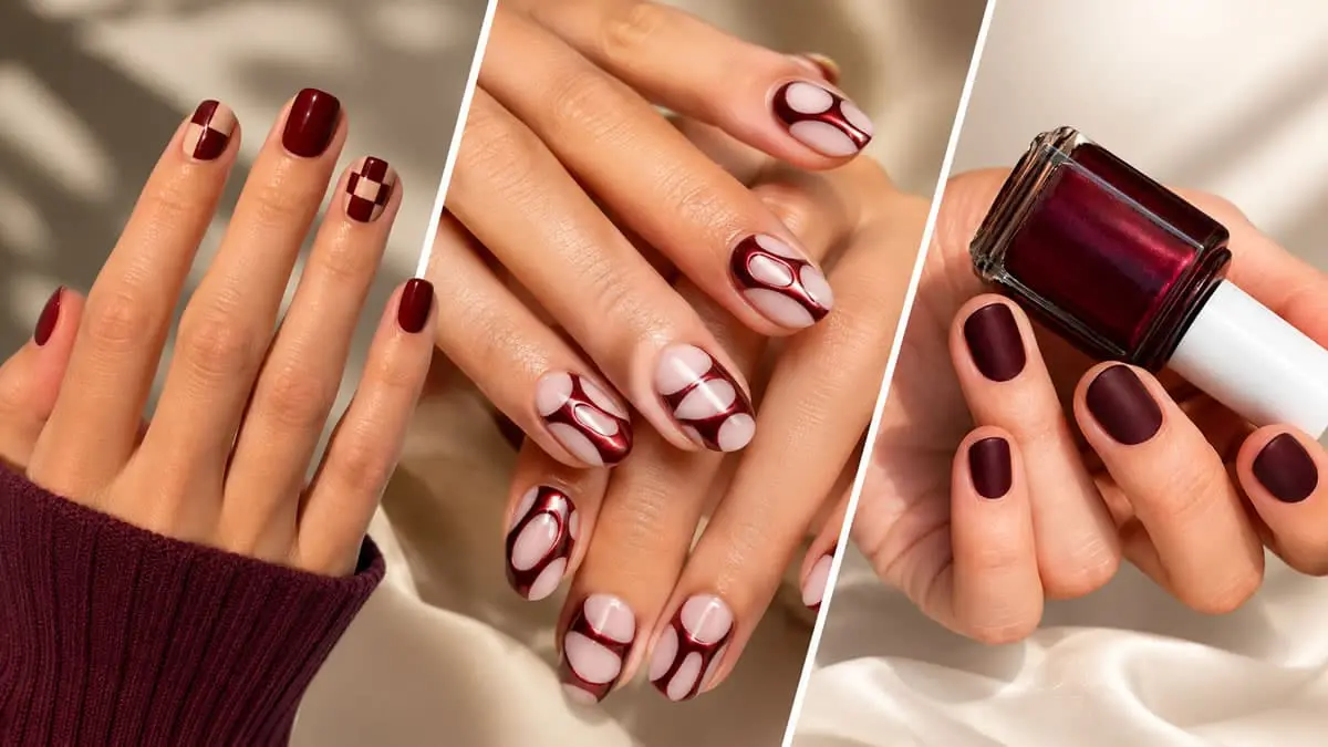 Burgundy nails designs for fall featuring glossy, matte, French and detailed autumn manicures