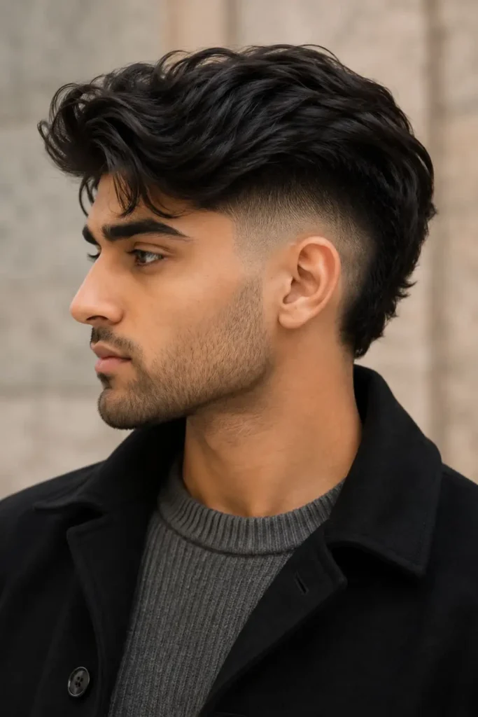 Burst fade flow haircut for men with longer flowing hair on top