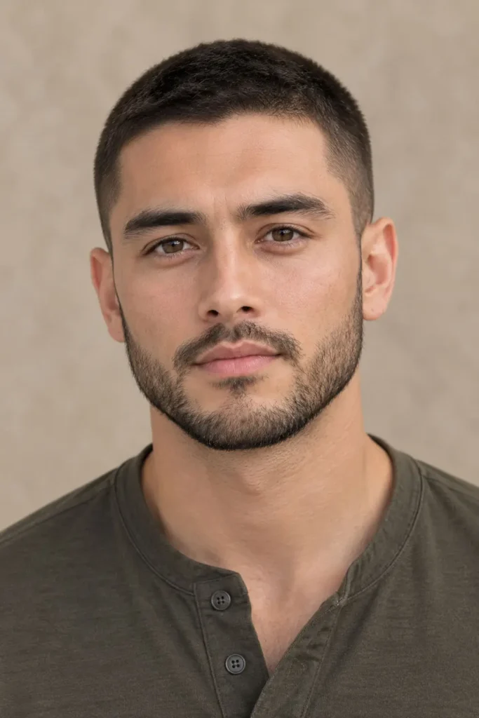 Man with a clean buzz cut and faded sides that define a heart-shaped face
