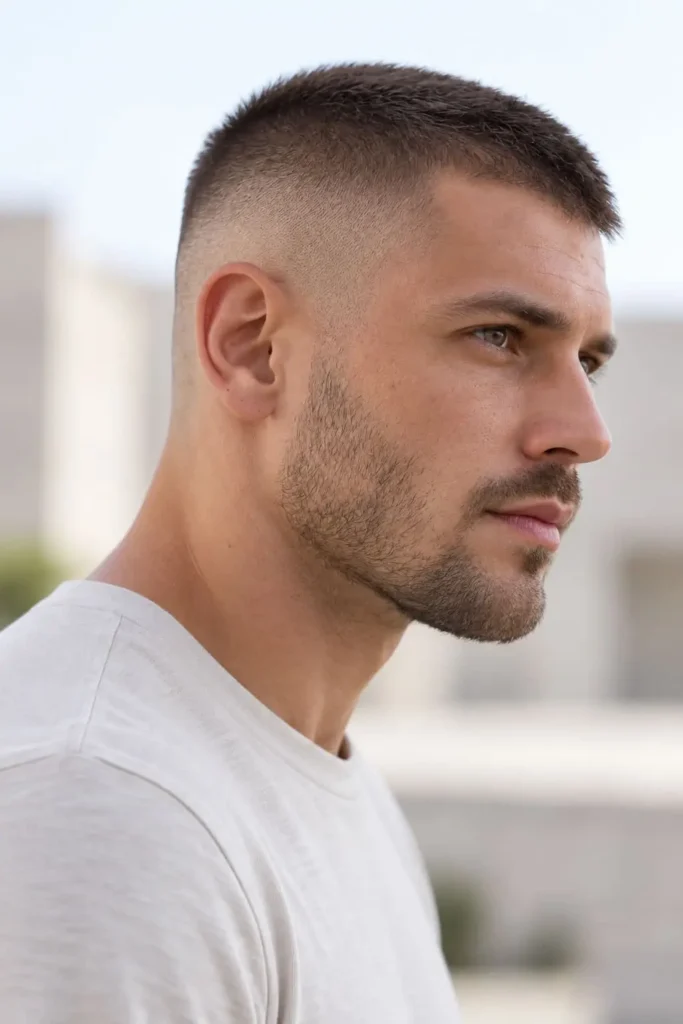Buzz cut with a slight fade for men with round faces and a clean finish