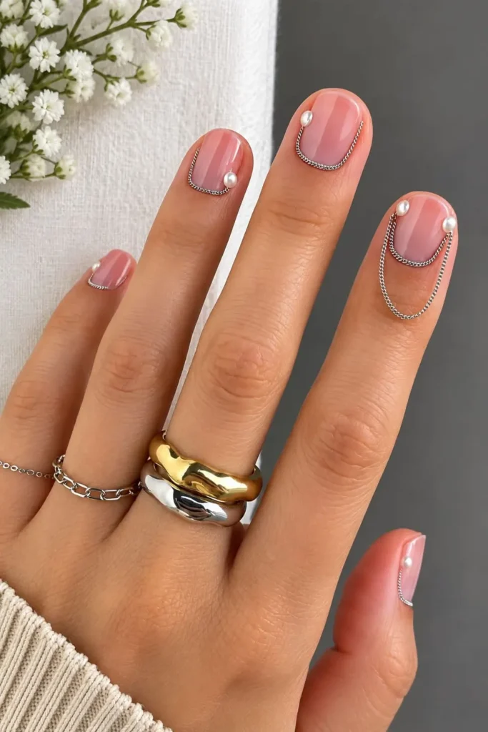 Chained cuticle nails with silver chains and pearl accents