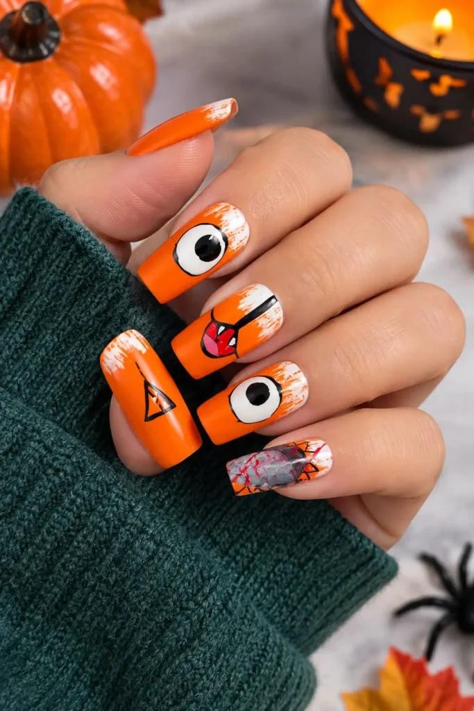 Chainsaw Man nails featuring cute Pochita artwork and subtle chainsaw-inspired details