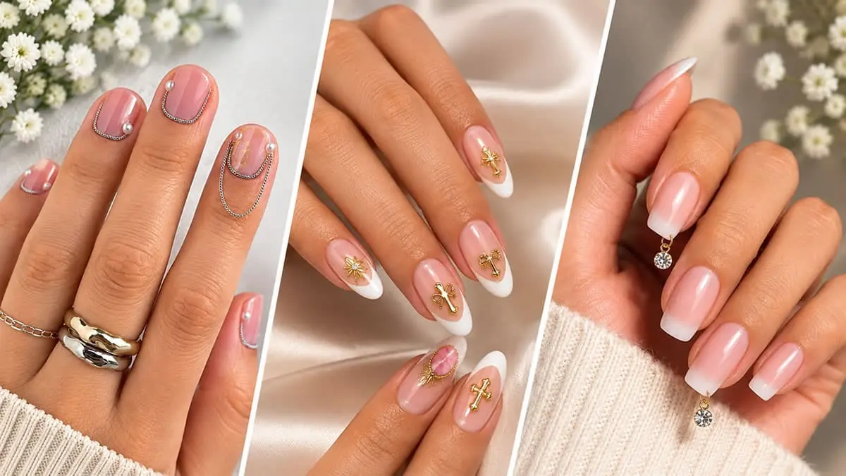 18 stunning charm nails designs featuring gold chains, rhinestones, pearls, and colorful nail charms