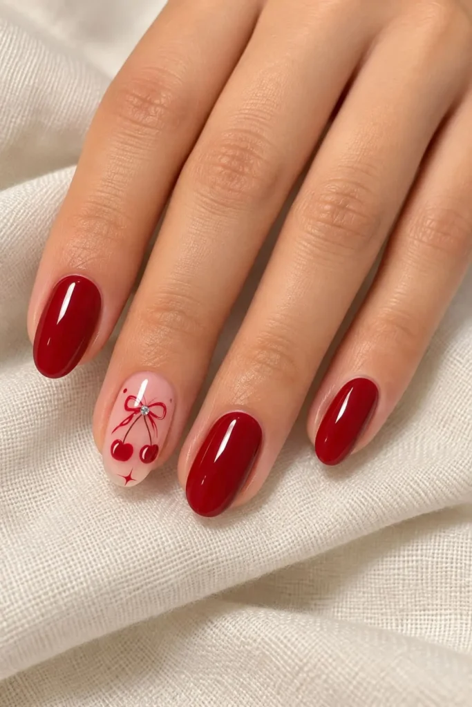 Pink nude cherry nails with glossy cherries and a small red bow