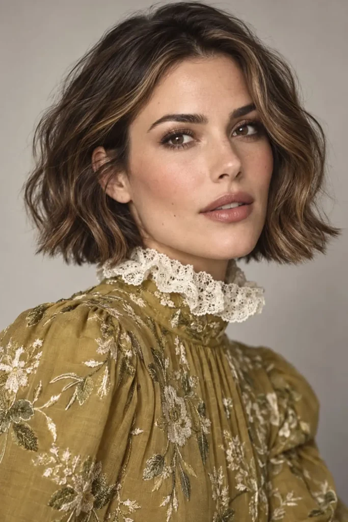 Chin-length wavy bob haircut with subtle lowkey texture and a relaxed tousled finish