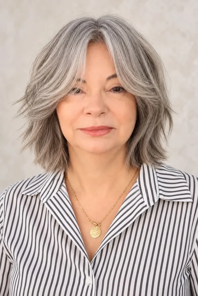 Choppy layered bob with curtain bangs for women over 60