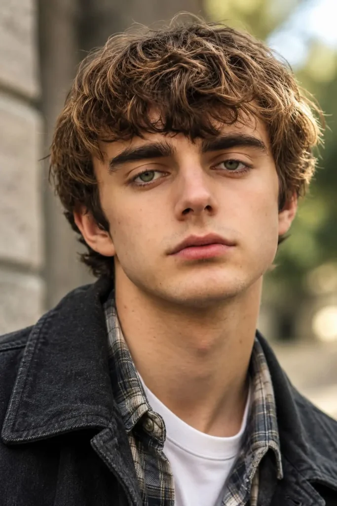 Choppy mens mod hairstyle with uneven layers and textured fringe