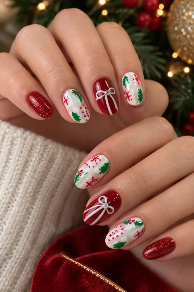 Red Christmas coquette nails with white ribbon bows and gold accents