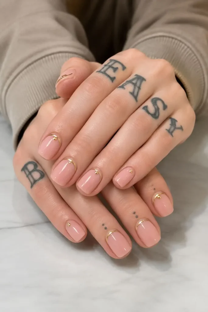 Classic short nude acrylic nails with a soft glossy gel finish