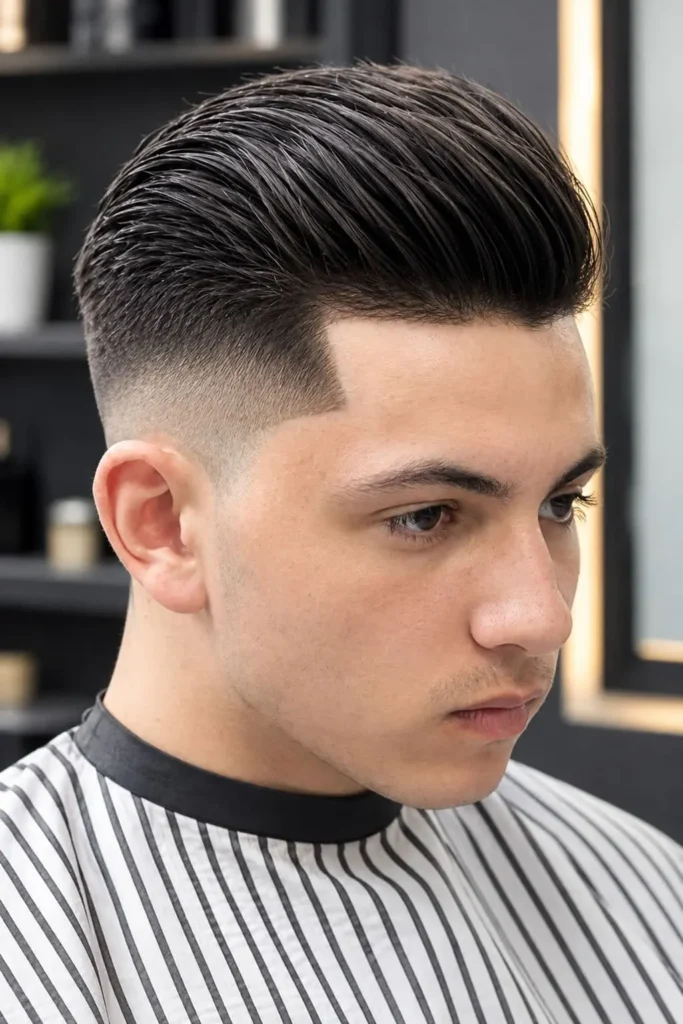 Classic pompadour haircut for men with round faces and voluminous swept-back hair