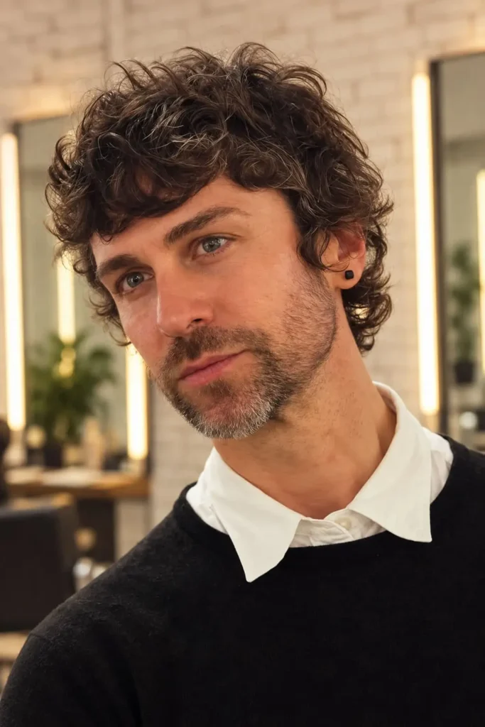 Classy mod haircut with full beard, thick fringe, and layered top