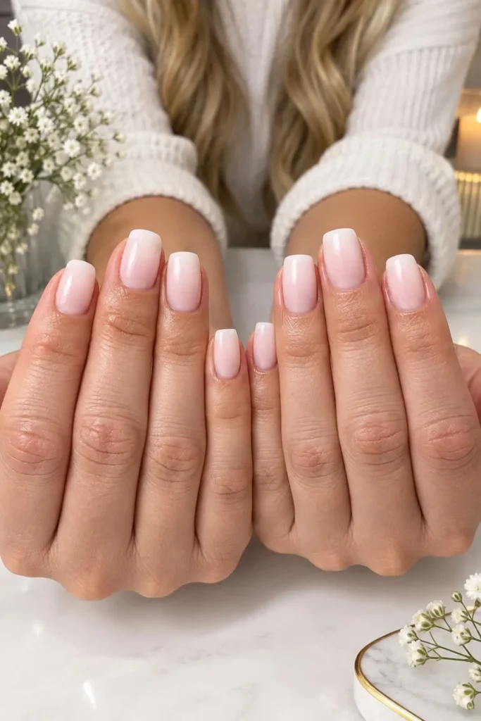 Minimal short square nails with a natural bare-nail clean girl aesthetic