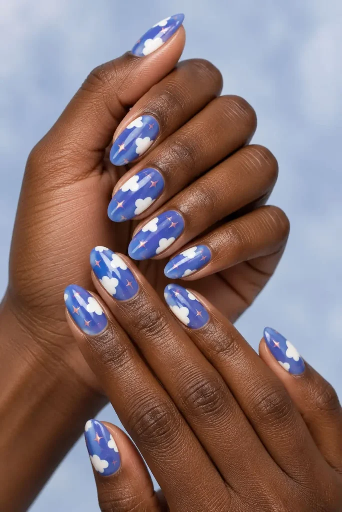 Dreamy cloudy sky gel nail art with soft white clouds