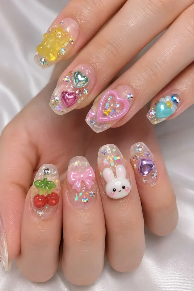 Colorful jelly charm nails with translucent candy-like accents and glitter