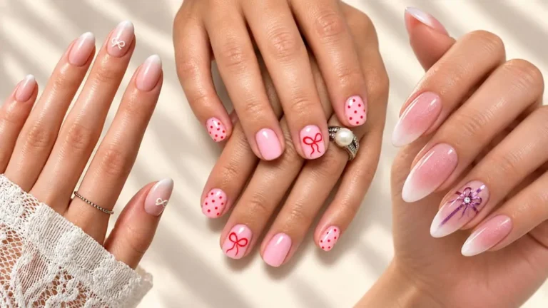 Coquette bow nails designs with delicate ribbon accents in pink, red, and pastel nails