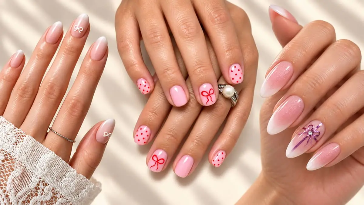 Coquette bow nails designs with delicate ribbon accents in pink, red, and pastel nails