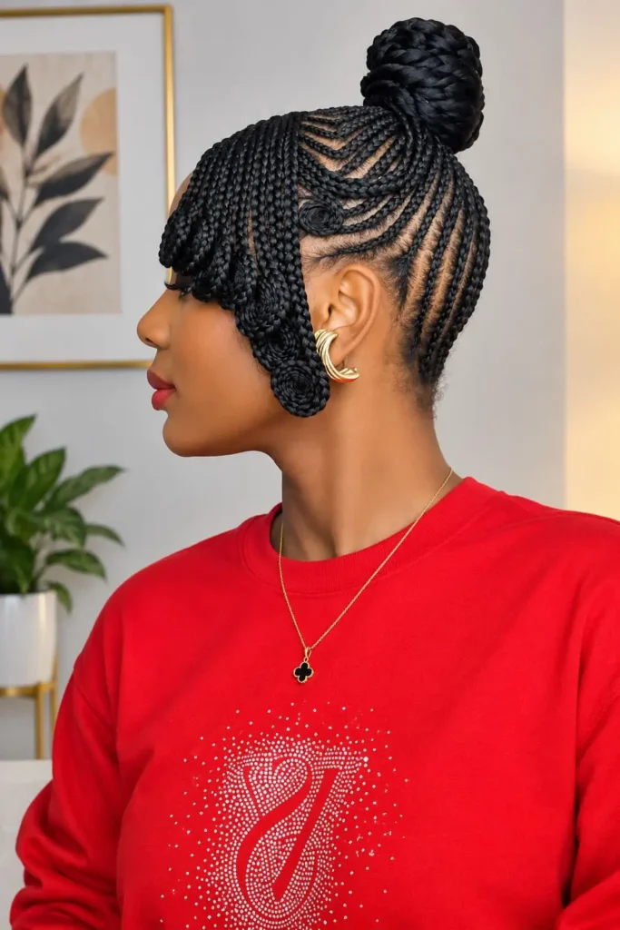 Cornrows styled into a top bun with layered side bangs