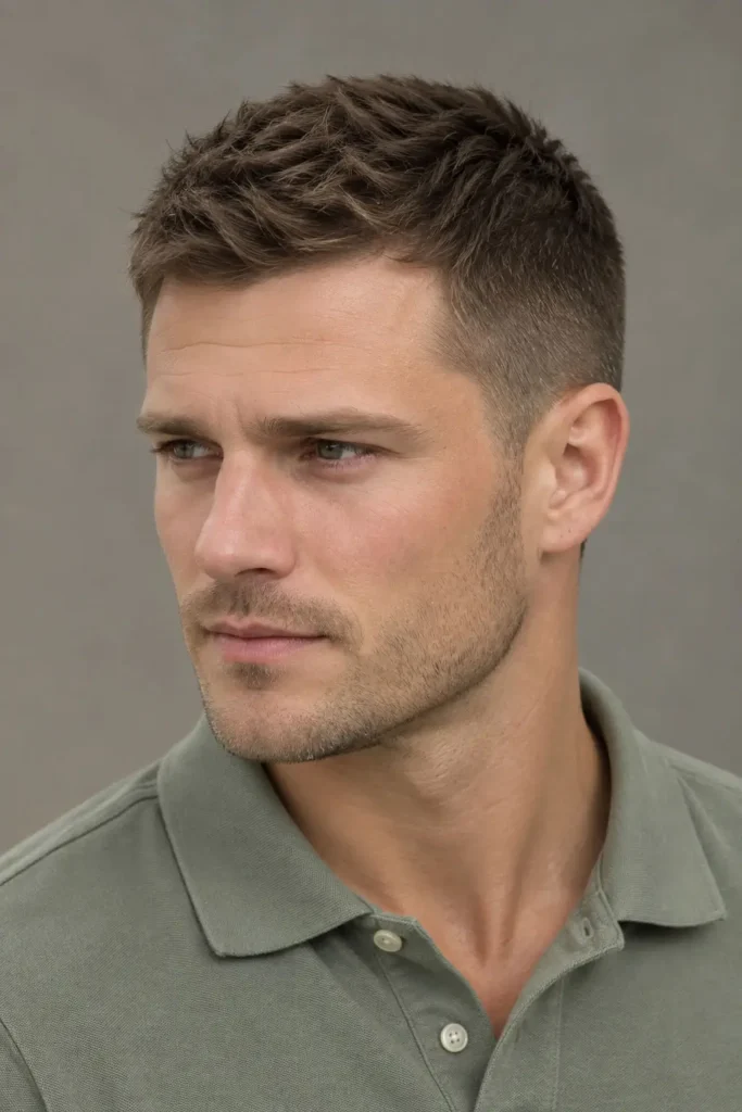 Man wearing a clean crew cut with faded sides and slightly longer textured top