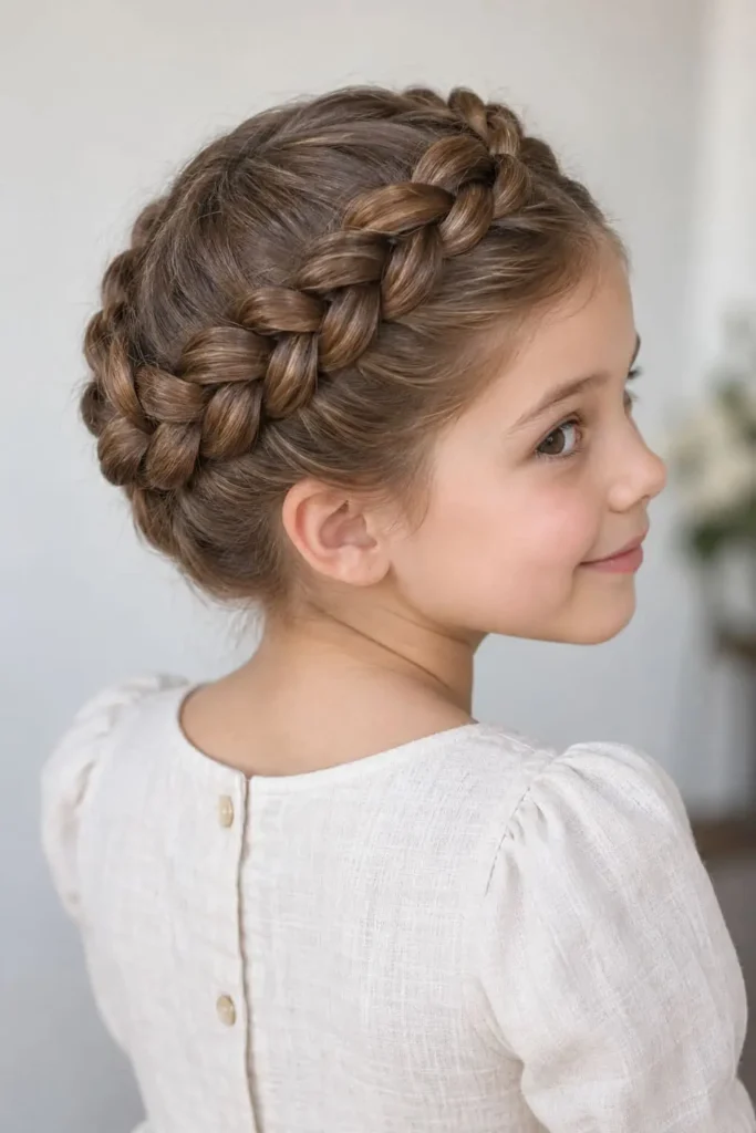 Crown braid hairstyle wrapping securely around the head with no loose length