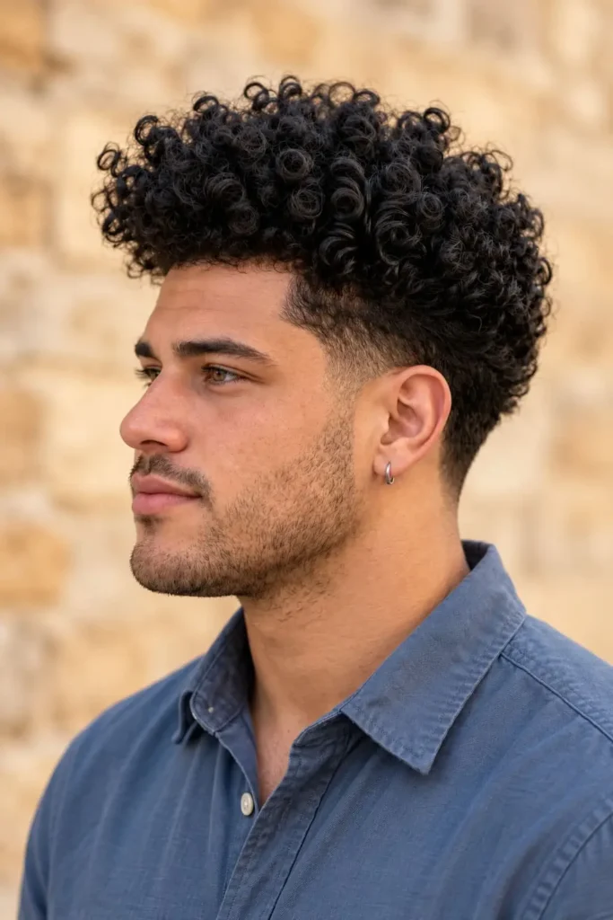 Curly high top haircut with tapered sides for men with round faces