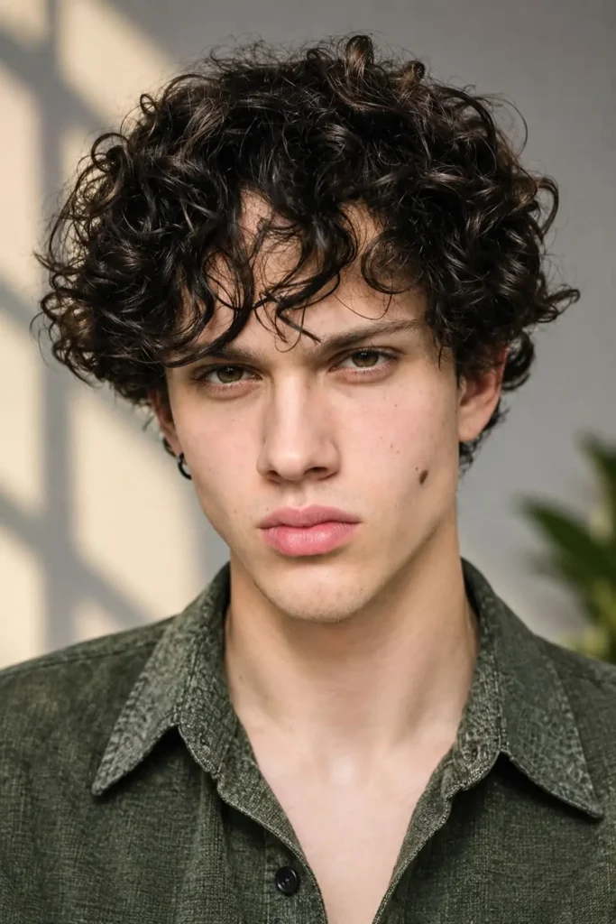 Curly mod hairstyle with full curls, forward fringe, and tapered sides