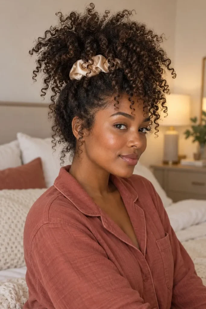 Curly pineapple hairstyle preserving natural curls overnight with a satin bonnet