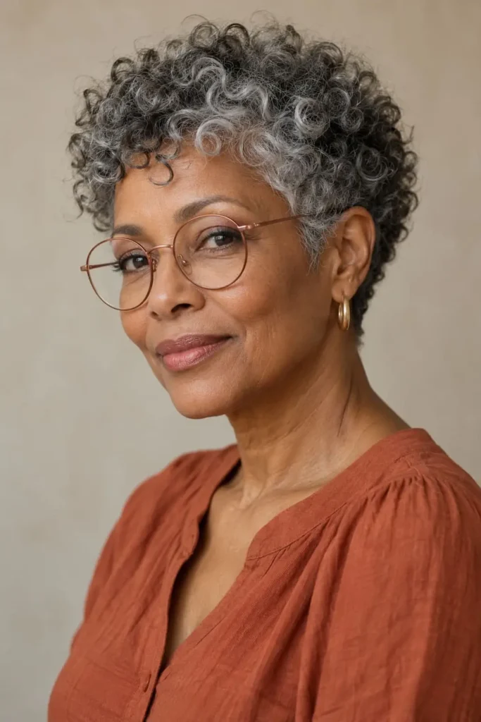 Curly pixie with defined natural curls and tapered temples