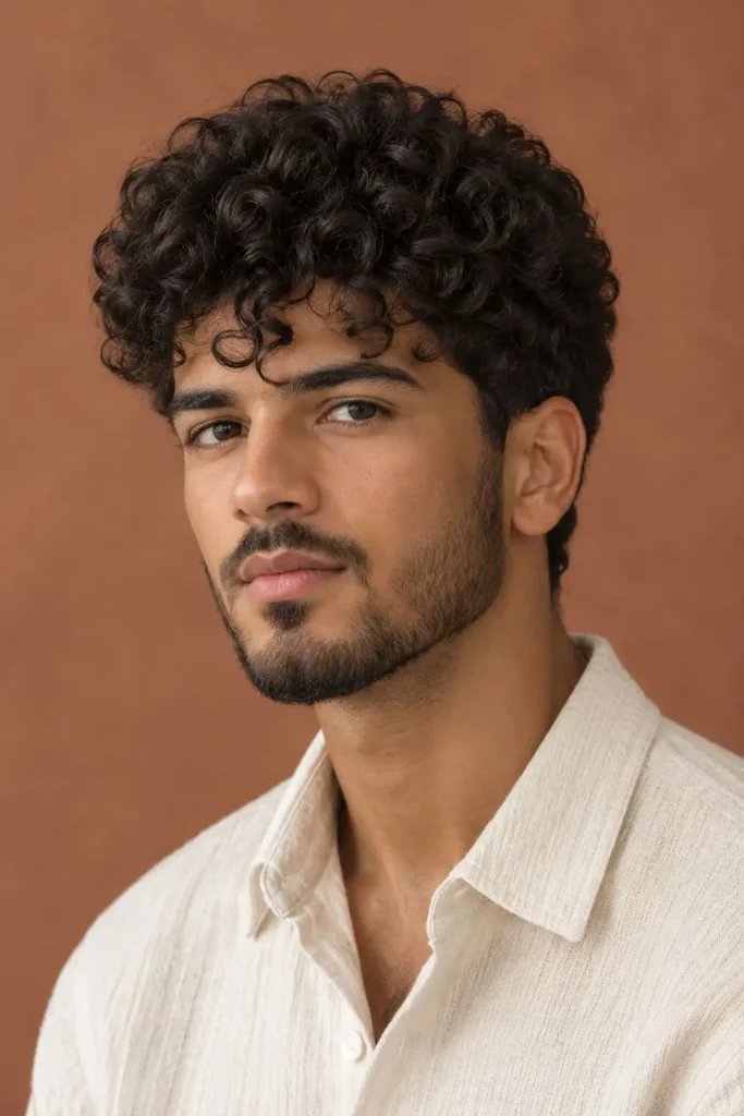 Man with naturally curly textured hair and scissor-cut sides suited to a heart-shaped face