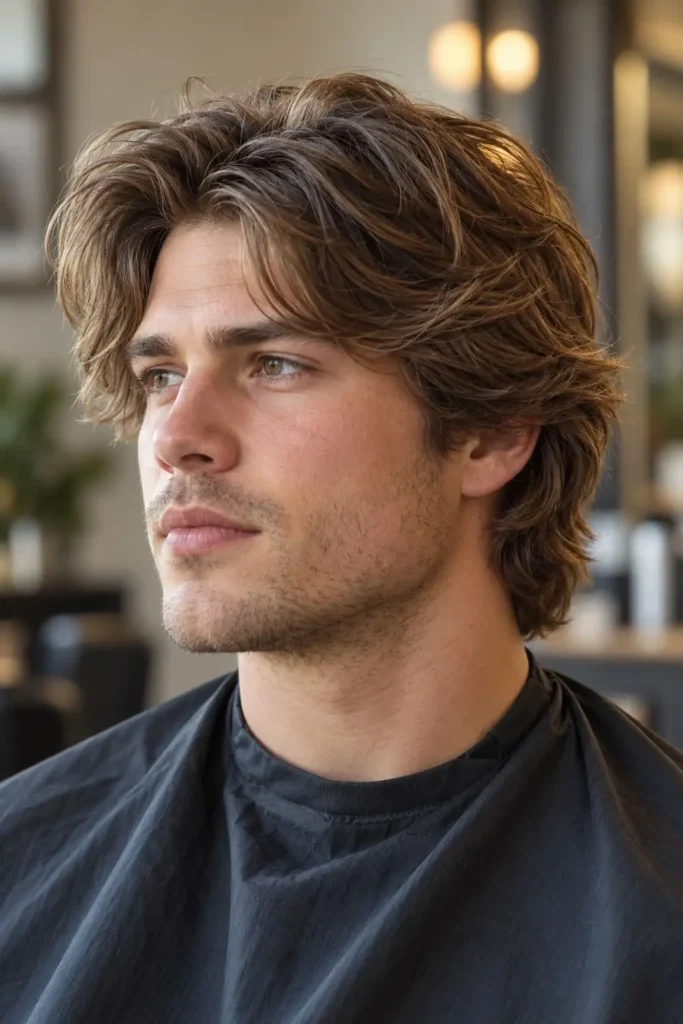 Curtain bangs with long layers for men with round faces and medium-length hair