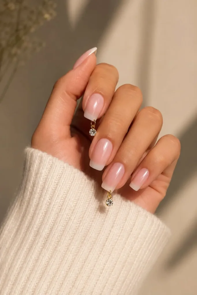 Dangling diamond charm nails designs with subtle sparkle on a neutral manicure