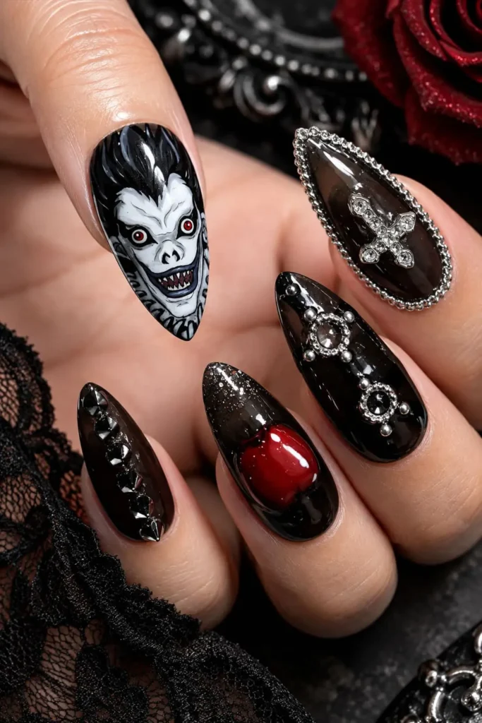 Death Note almond nails inspired by Ryuk with black polish, silver spikes, crosses and 3D details