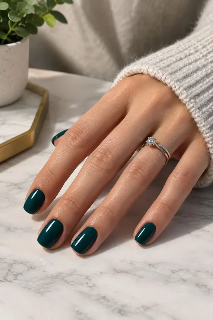 Short square nails painted in rich glossy deep teal polish