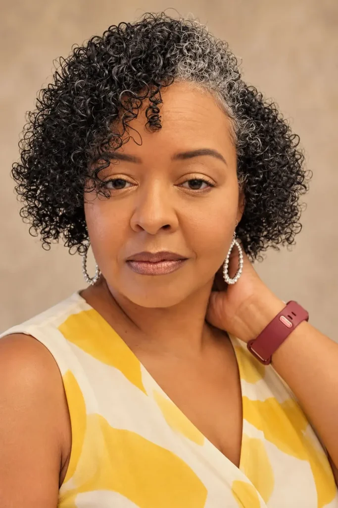 Defined short natural curls for Black women over 50
