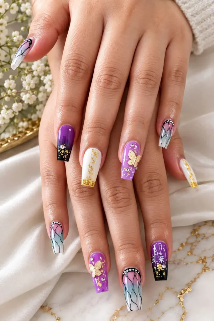 Demon Slayer nails featuring Tanjiro, Nezuko, butterflies, symbols and colorful anime artwork