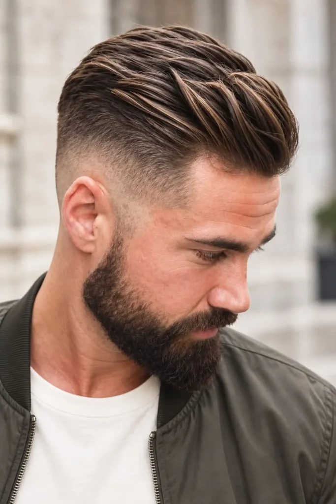 Disconnected undercut haircut for men with round faces and textured volume on top