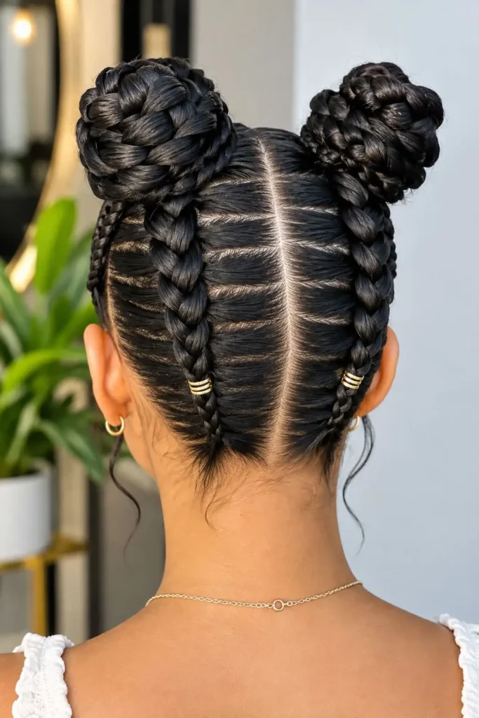 Double braided buns with two high braided sections and playful styling