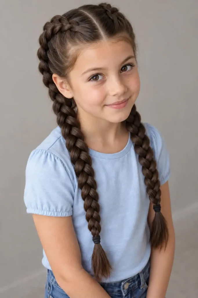 Double Dutch braids keeping children's hair tightly gathered and secure