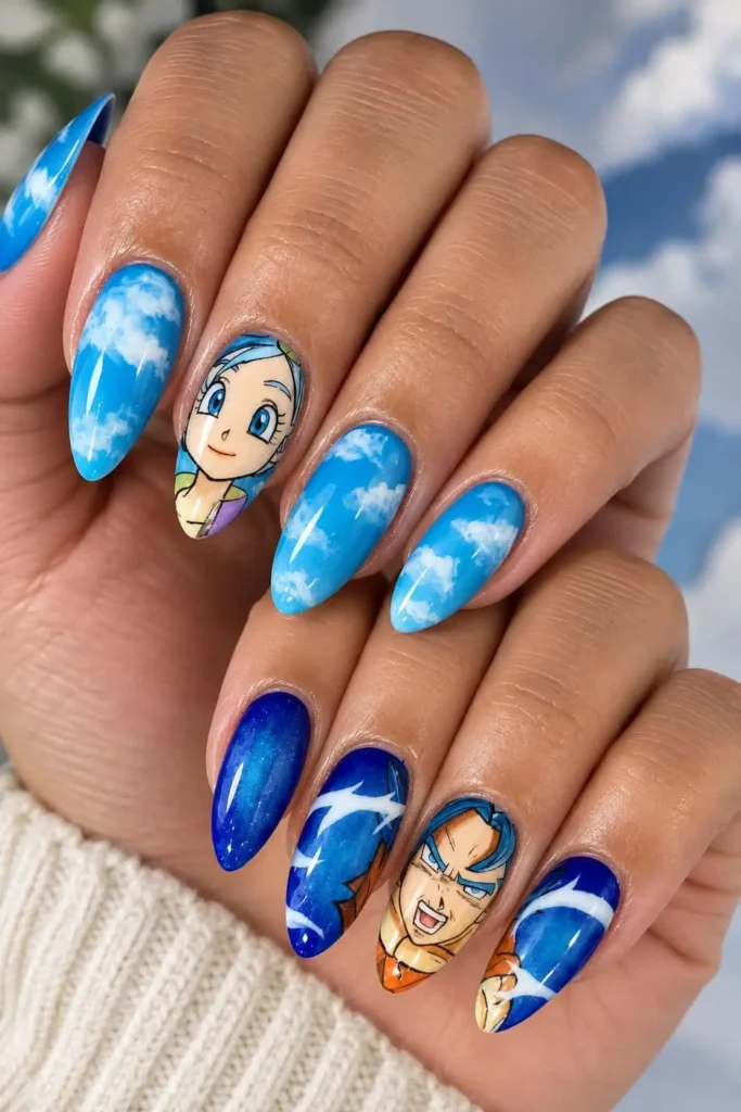 Dragon Ball Z anime nails with blue tones, character details and bold manga-inspired artwork