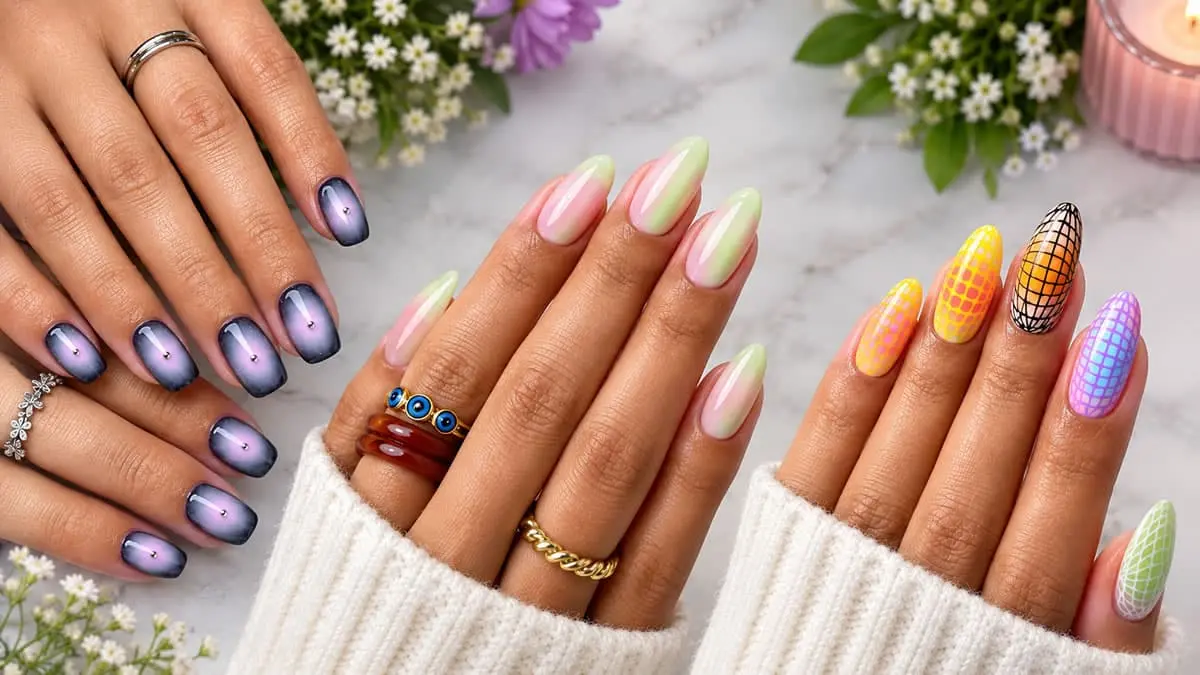 24 dreamy aura nails designs featuring soft blended colors and glowing center gradients