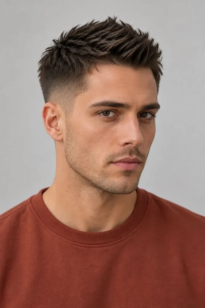 Man wearing a textured faux hawk with a low fade and balanced height